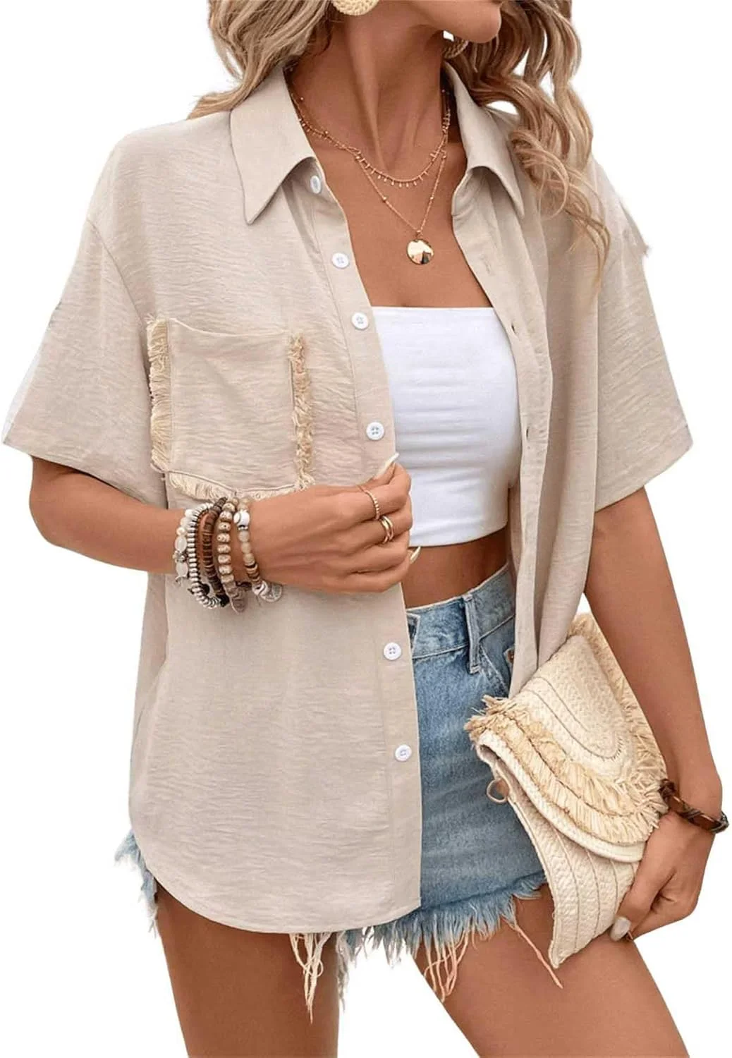 بلوز زنانه آستین کوتاه دکمه دار یقه دار با جیب