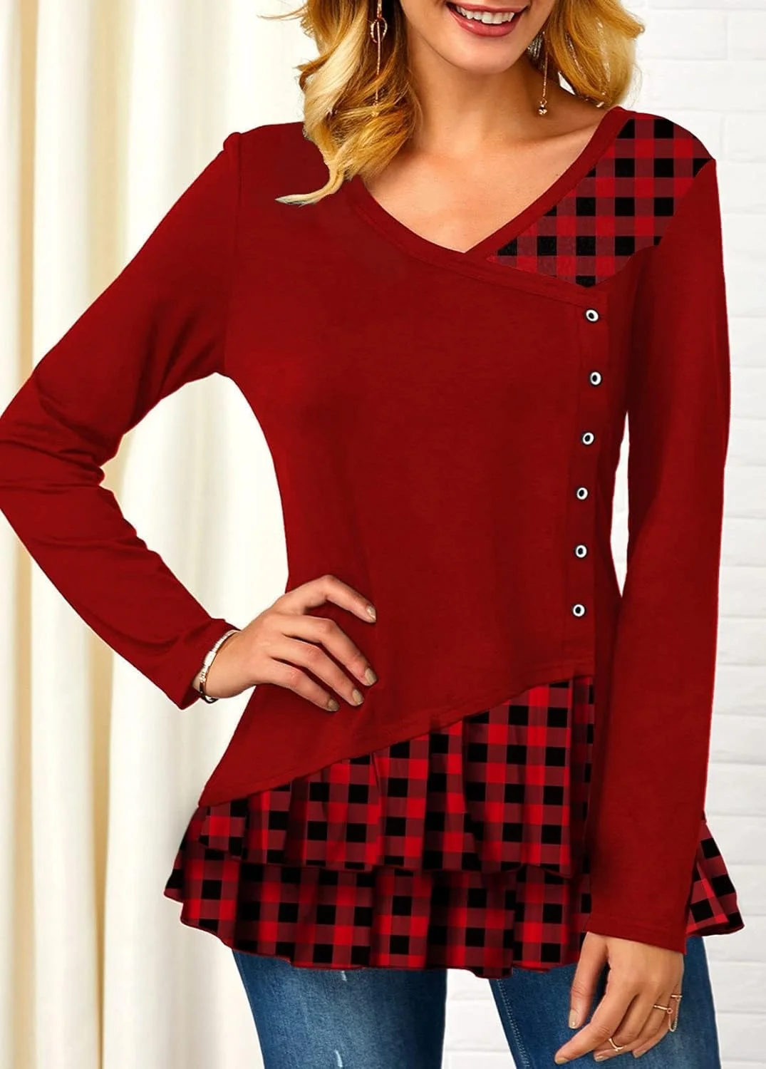 بلوز زنانه یقه هفت آستین بلند، بلوز زنانه، تاپ های غیر رسمی آستین بلند دکمه دار (رنگ: قرمز، سایز: L)