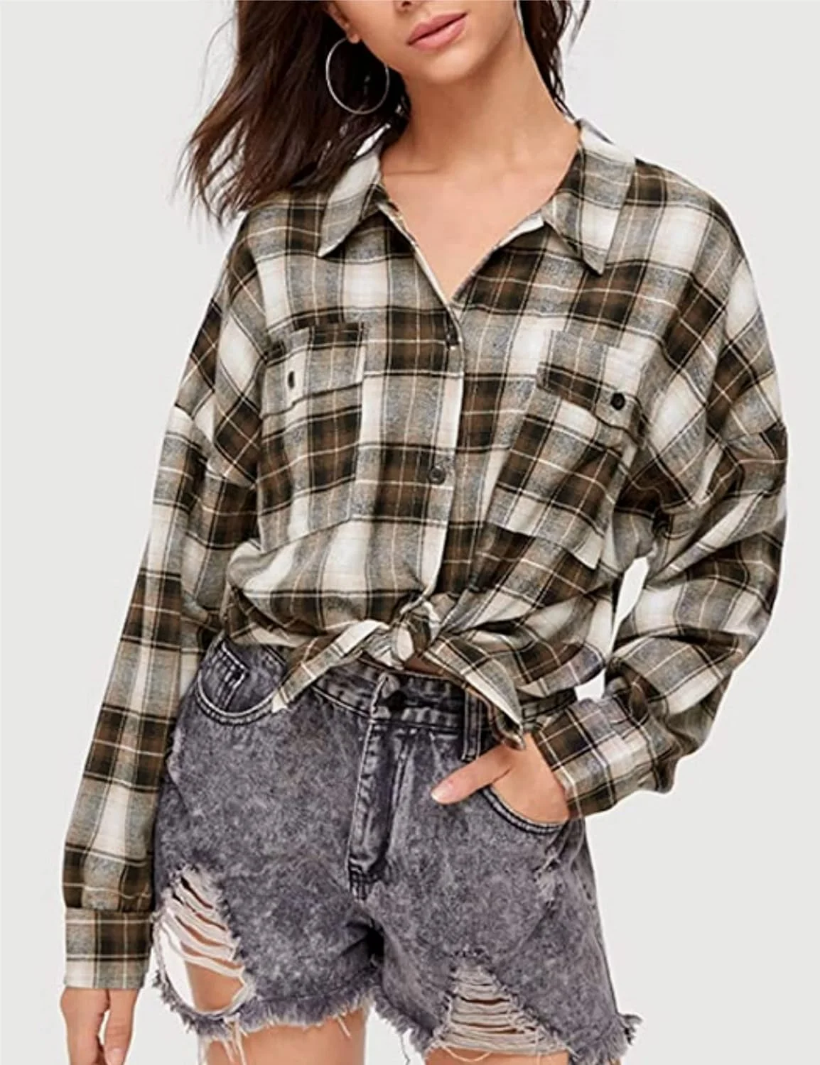 پیراهن چهارخانه زنانه Zontroldy، مدل بزرگ و سبک، بلوز دکمه دار طرح بوفالو