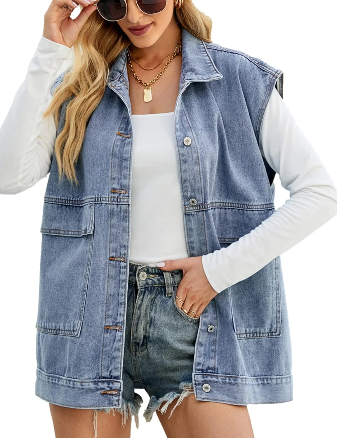 Zontroldy Denim Jean Vest for Women Oversized Sleeveless Button Down Denim Jean Vest Waistcoat Shacket Jacket