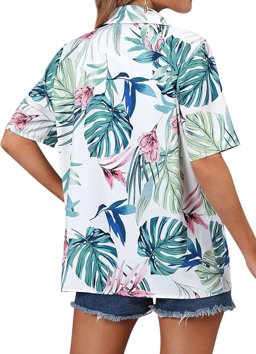 ZXZY بلوز زنانه هاوایی زیبا یقه برگردان یقه هفت آستین کوتاه دکمه دار گشاد