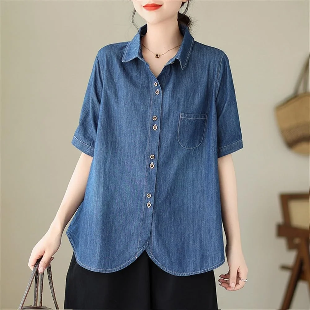 ZZFdcX بلوز زنانه آستین کوتاه جین سبک وزن مدل 2024، بلوز تابستانی دکمه دار یقه دار، گشاد و راحت (سایز: XL)
