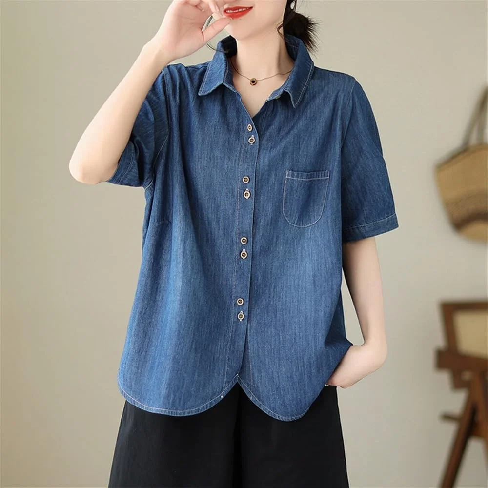 ZZFdcX بلوز زنانه آستین کوتاه جین سبک وزن مدل 2024، بلوز تابستانی دکمه دار یقه دار، گشاد و راحت (سایز: XL)