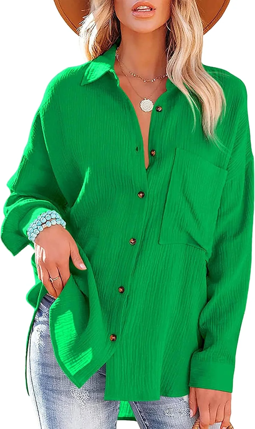 پیراهن های آستین بلند دکمه دار بزرگ Zontroldy برای زنان، پیراهن های دوست پسرانه غیررسمی رنگ ثابت، بلوز تاپ