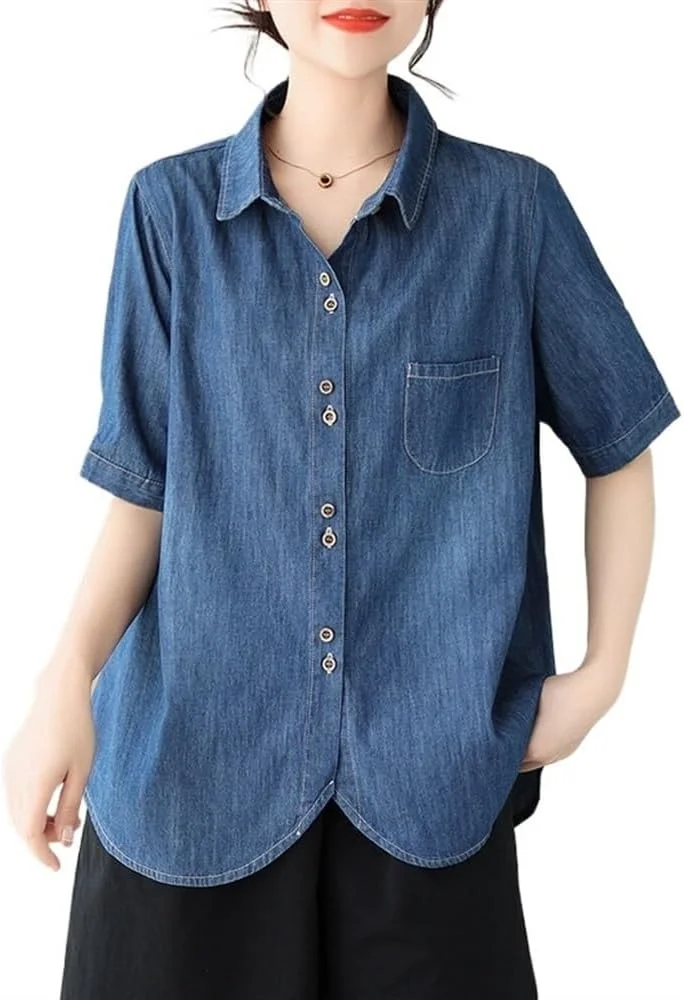 ZZFdcX بلوز زنانه جین آستین کوتاه سبک وزن مدل 2024، بلوز دکمه دار یقه دار، شومیز گشاد و خنک تابستانی (سایز: L)