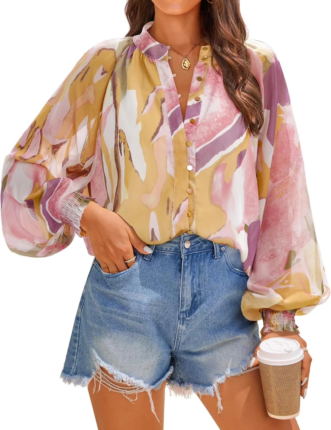 بلوز زنانه ZESICA با طرح گل 2024 آستین بلند دکمه دار پاییزه غیر رسمی بوهو بزرگ