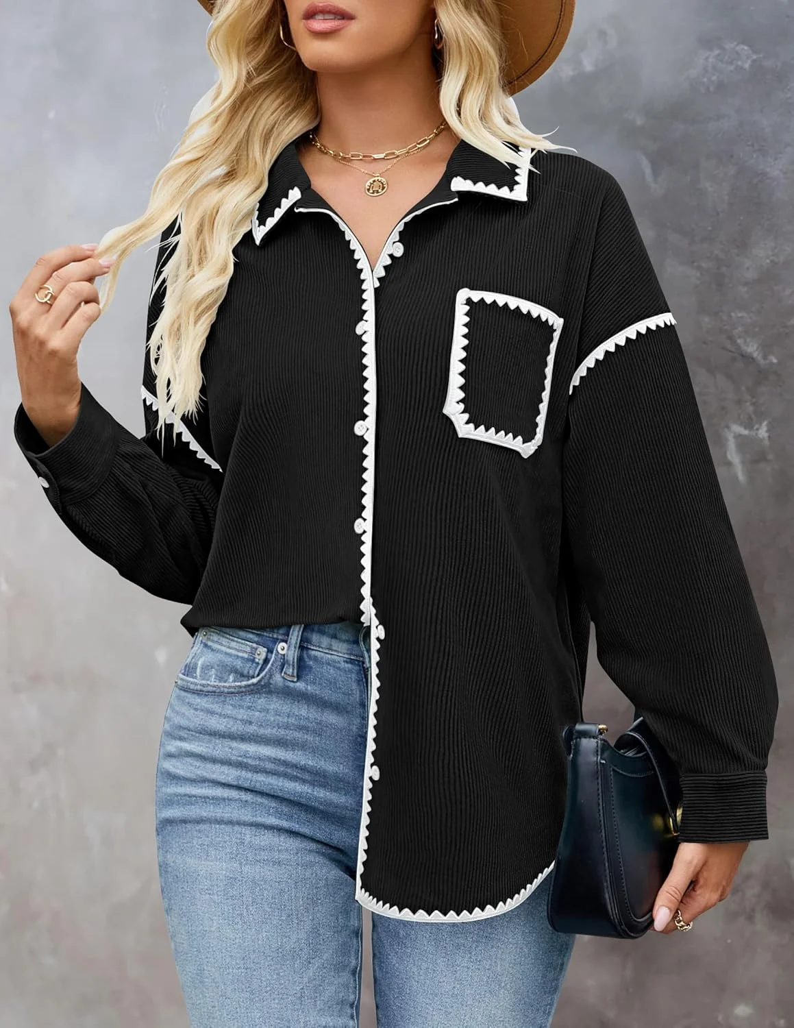 کت زنانه ZESICA مدل 2024 پاییزه، مخمل کبریتی، آستین بلند، دکمه دار، پیراهن، بلوزهای بزرگ و جادار، تاپ با جیب