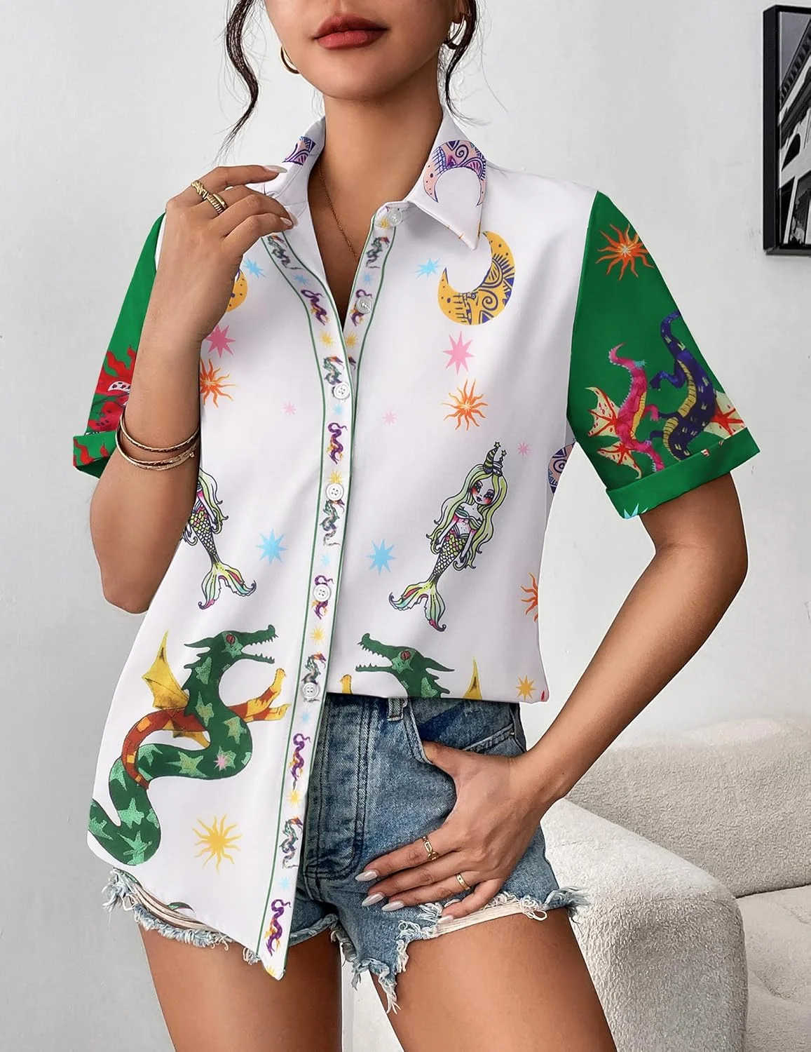 Zeagoo بلوز دکمه دار زنانه آستین کوتاه با سرآستین برگردان، بلوز کار غیر رسمی، لباس های هاوایی تابستانی