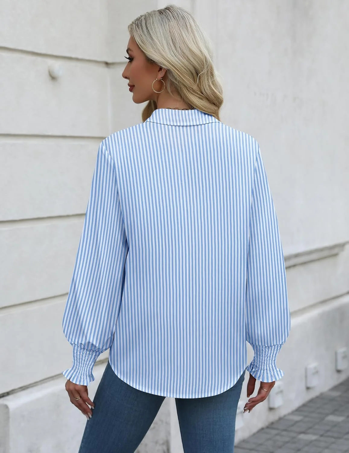 Zeagoo پیراهن زنانه دکمه دار، بلوز آستین پفی طرح دار، آستین بلند، یقه دار، مناسب استایل کژوال و محیط کار