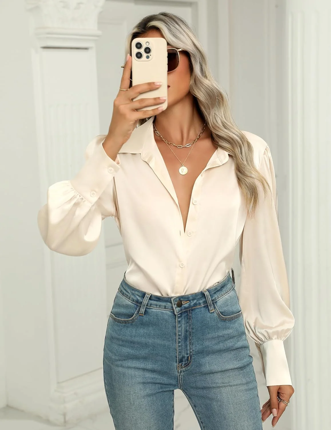 Zeagoo بلوز ساتن زنانه آستین فانوسی پیراهن دکمه دار ابریشمی لباس مجلسی تاپ های تونیک کار غیر رسمی