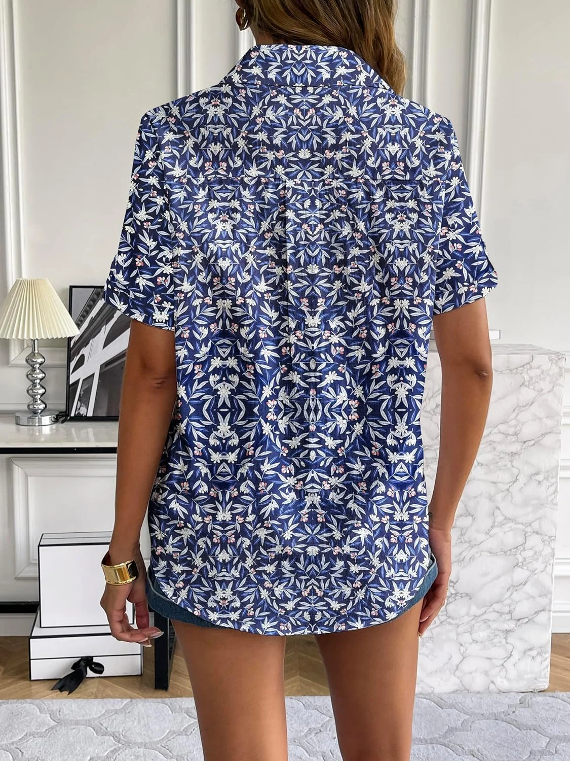 Zeagoo بلوز زنانه دکمه دار لینن آستین کوتاه با سرآستین برگردان، تاپ های نخی ساحلی یقه هفت تابستانی