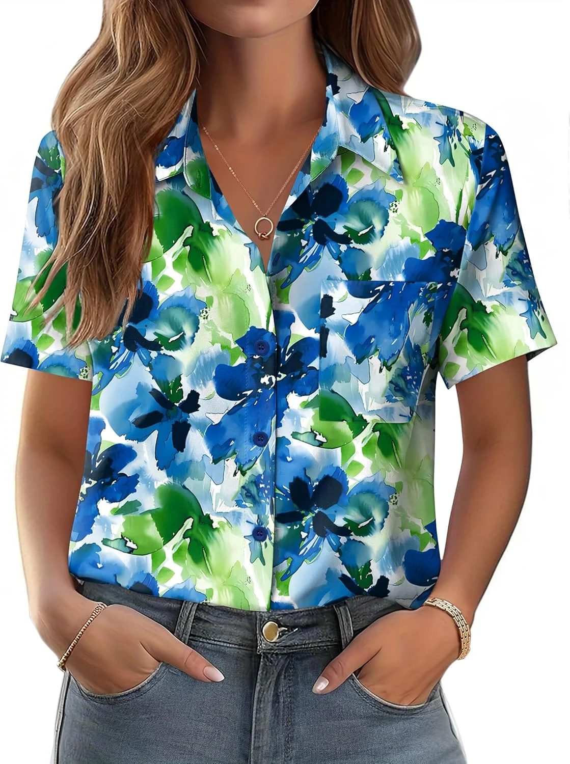 Zeagoo بلوز زنانه دکمه دار جیب دار آستین کوتاه مناسب استایل های تابستانی، کار و استایل کژوال