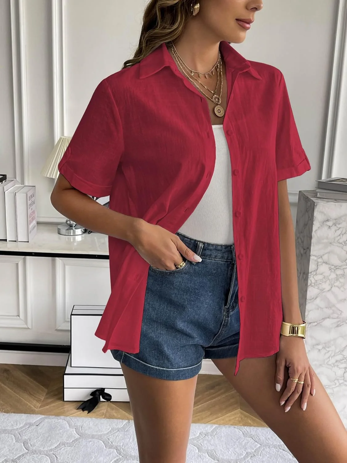 Zeagoo تاپ زنانه دکمه دار لینن آستین کوتاه بلوز تابستانی یقه هفت پیراهن ساحلی کتان زنانه