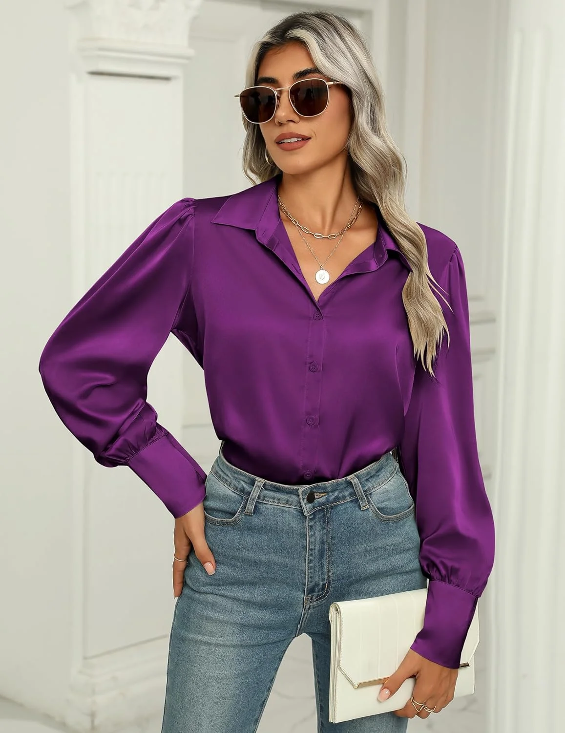 Zeagoo بلوز ساتن زنانه آستین فانوسی پیراهن دکمه دار ابریشمی تاپ های تونیک شیک و غیر رسمی مناسب کار، بنفش، XXL