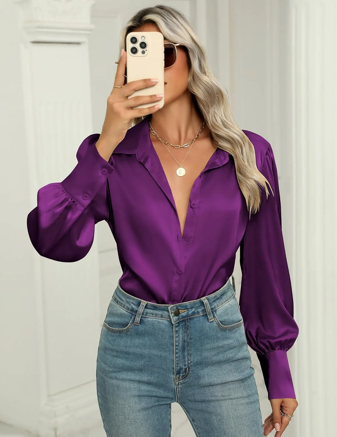 Zeagoo بلوز ساتن زنانه آستین فانوسی پیراهن دکمه دار ابریشمی تاپ های تونیک شیک و غیر رسمی مناسب کار، بنفش، XXL