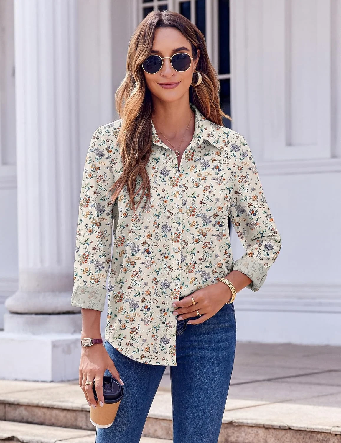 پیراهن دکمه دار زنانه زیگو، طرح گلدار آستین بلند، مناسب کار و استایل کژوال، مدل Xh216، سایز XXL