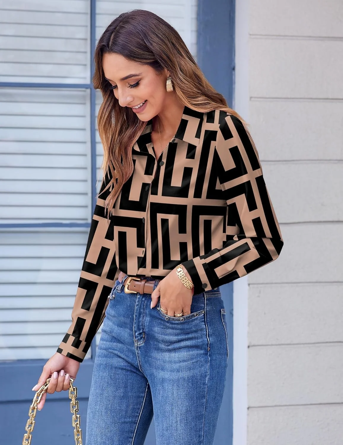 پیراهن دکمه دار زنانه زیگو، بلوز آستین بلند طرح گلدار، مناسب استایل رسمی و کژوال