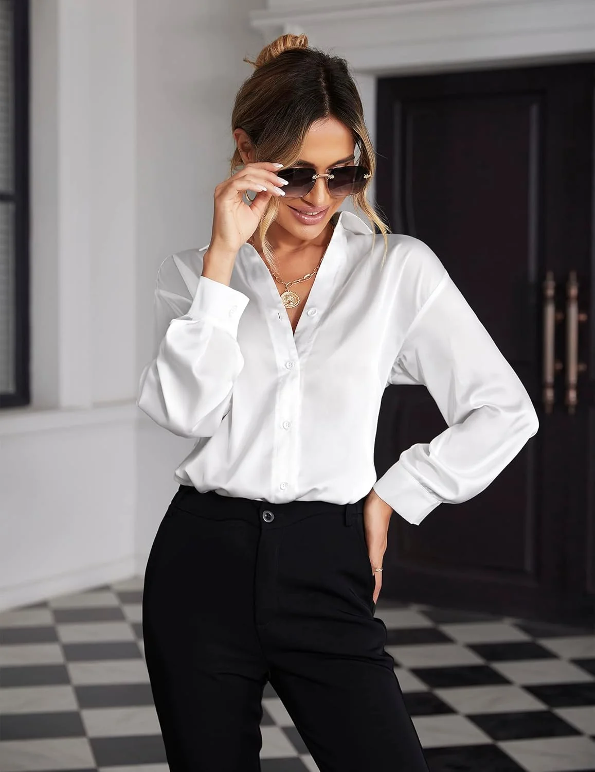 بلوز ساتن زنانه Zeagoo آستین بلند دکمه دار ابریشمی، تاپ های تونیک گشاد و غیر رسمی مناسب کار و تجارت