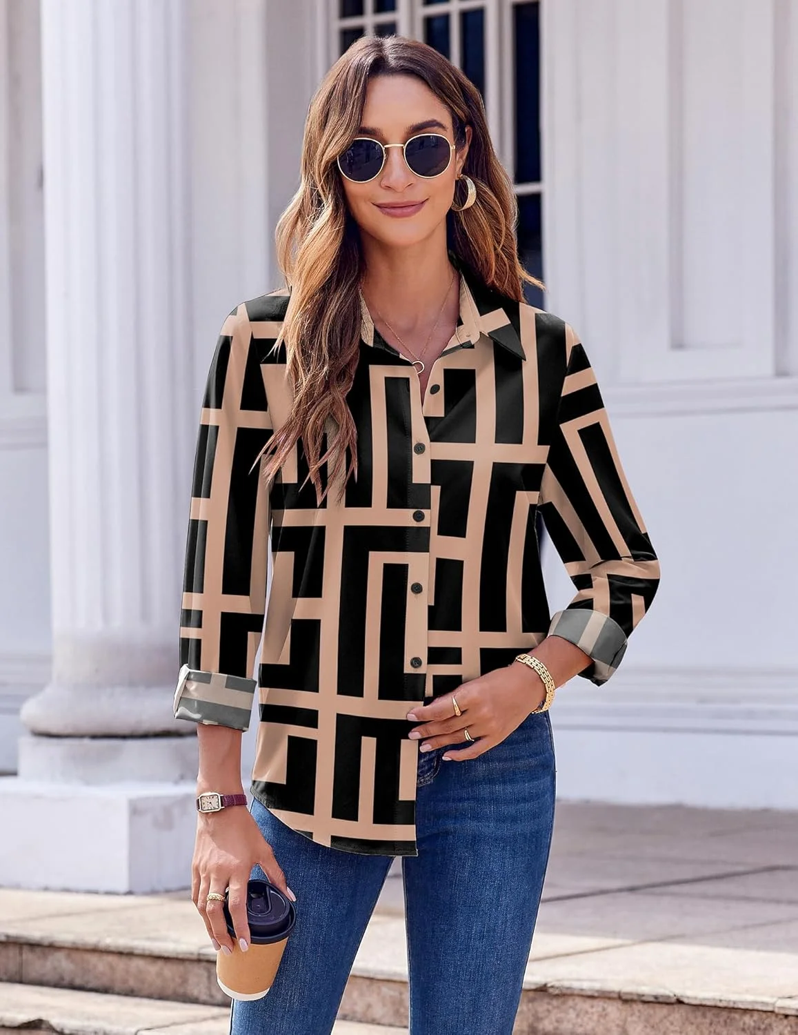 پیراهن دکمه دار زنانه زیگو، بلوز آستین بلند طرح گلدار، مناسب استایل رسمی و کژوال