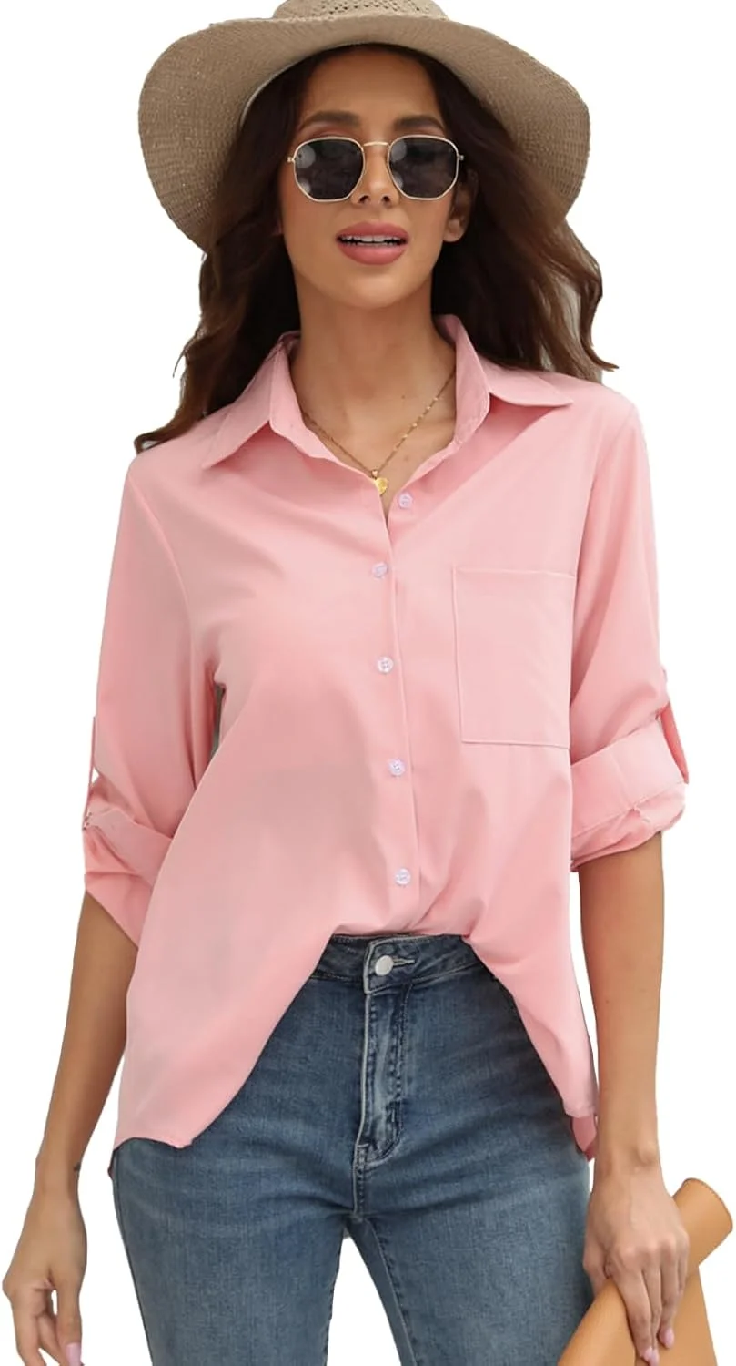 بلوز آستین بلند زنانه، پیراهن صورتی دکمه دار و اندامی زنانه، تاپ های شیک یقه برگردان مناسب محیط کار