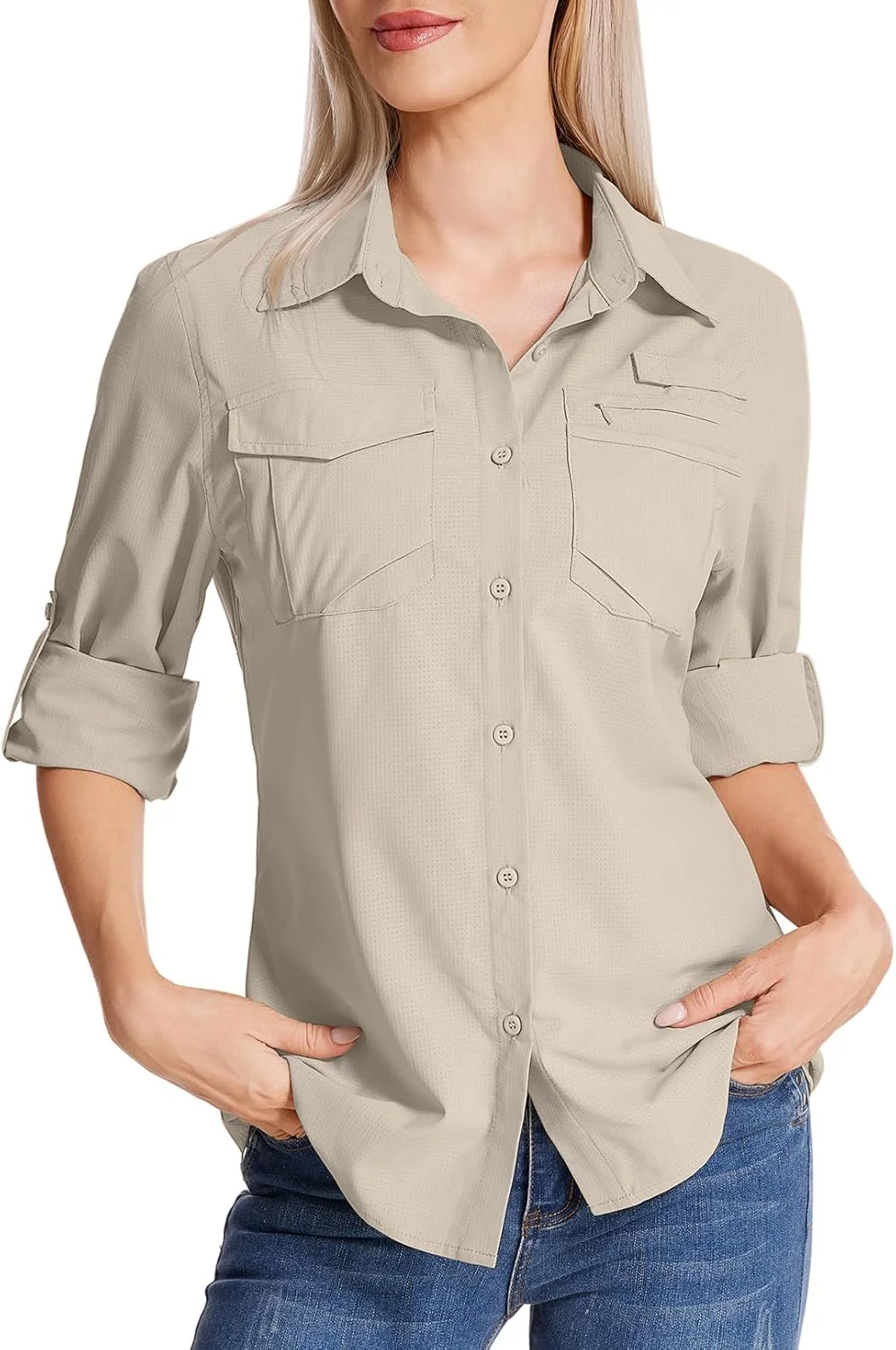 پیراهن سافاری زنانه محافظت در برابر آفتاب UPF 50، پیراهن آستین بلند خشک‌شونده سریع برای پیاده‌روی، ماهیگیری، مسافرت و فعالیت‌های فضای باز