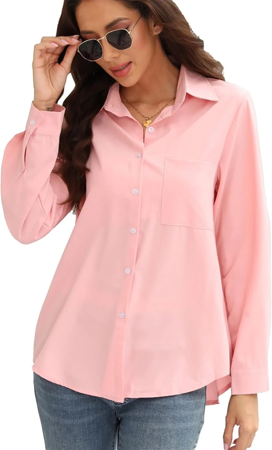 بلوز آستین بلند زنانه، پیراهن صورتی دکمه دار و اندامی زنانه، تاپ های شیک یقه برگردان مناسب محیط کار