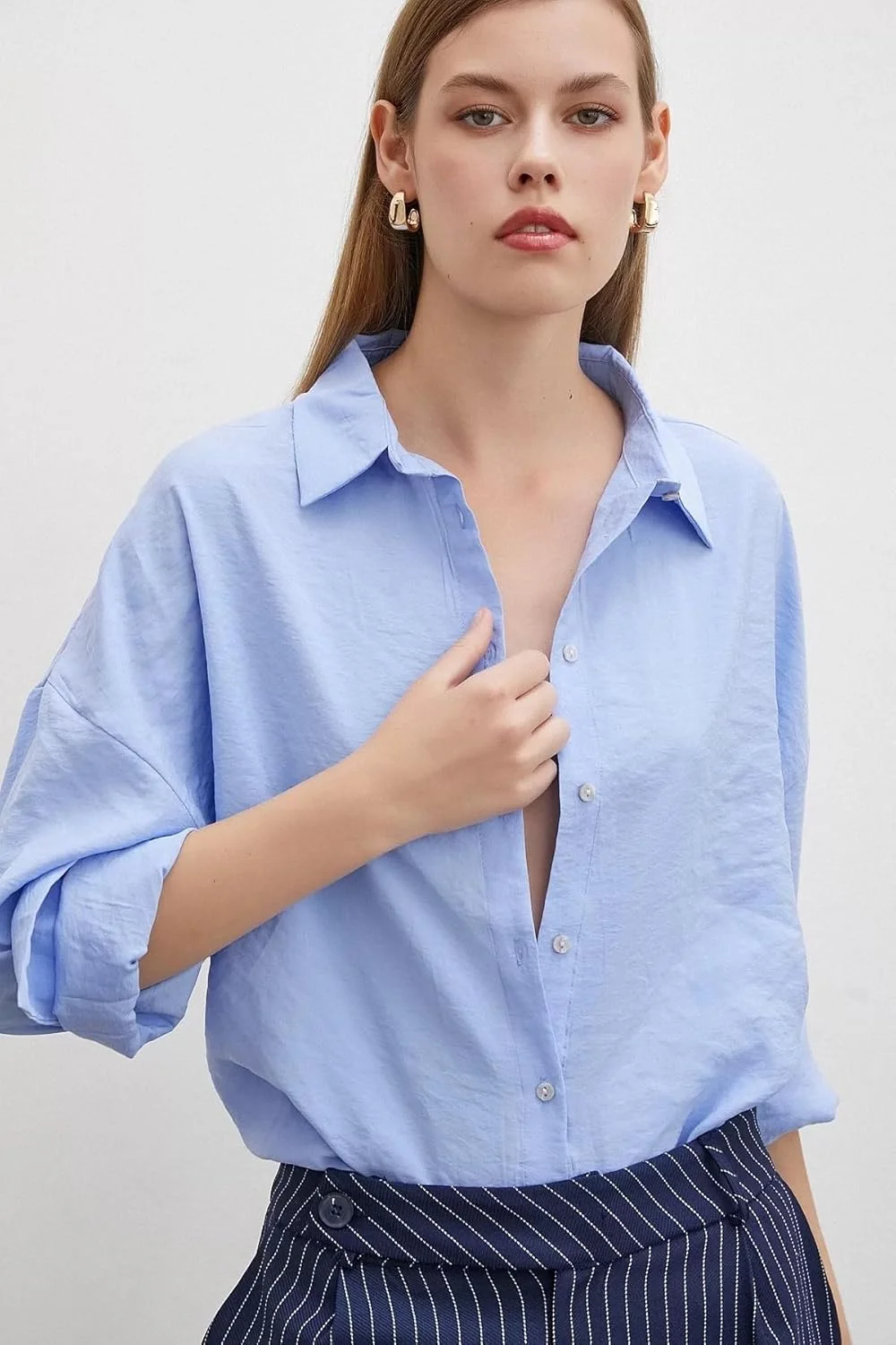 پیراهن دکمه دار زنانه NeverMore – آستین بلند، فرم آزاد، نرم و تنفس پذیر، ساخت ترکیه