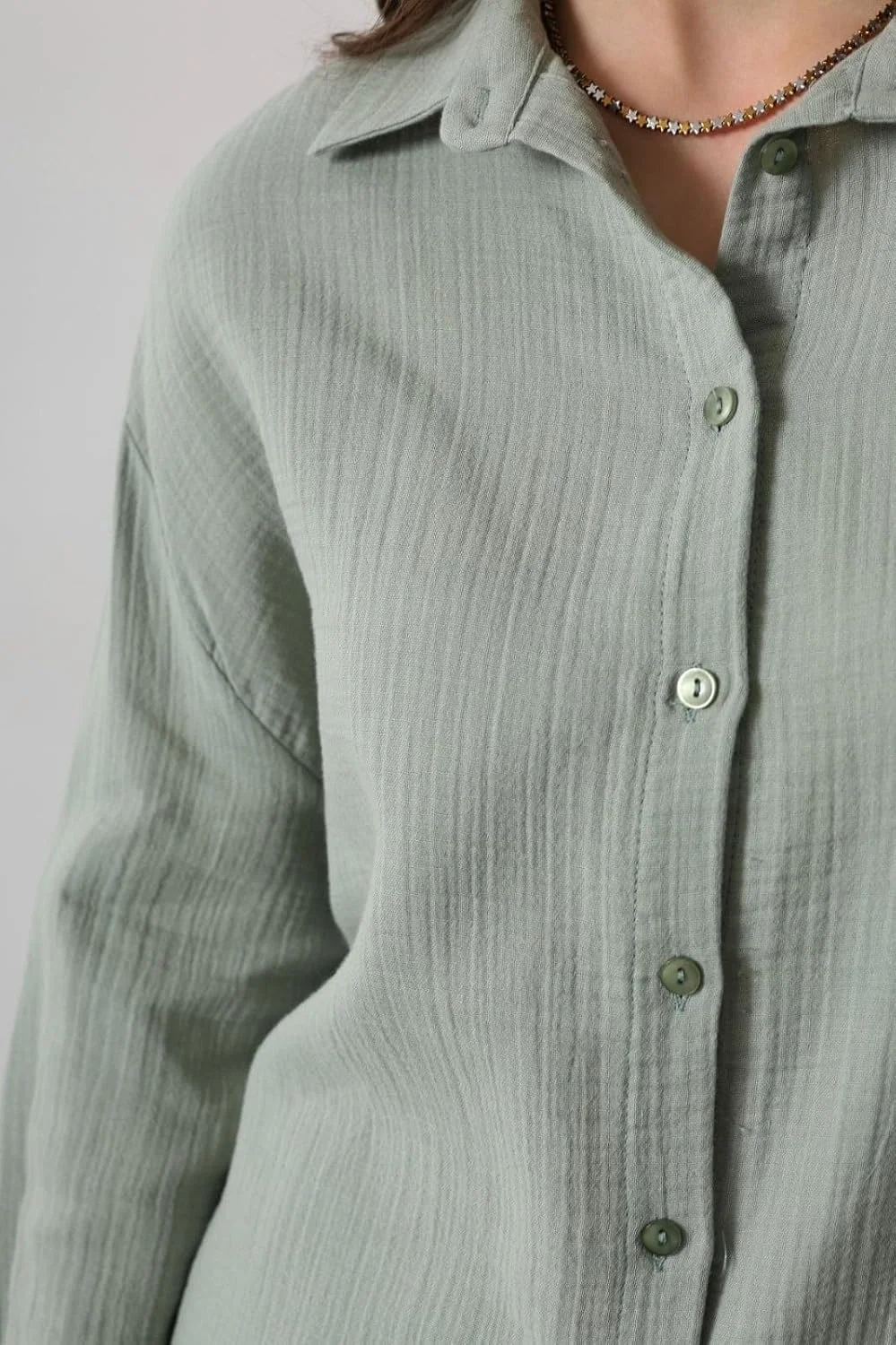 پیراهن زنانه دکمه دار 100% موسلین، آستین بلند، مدل آزاد، سایه گشاد، ساخت ترکیه