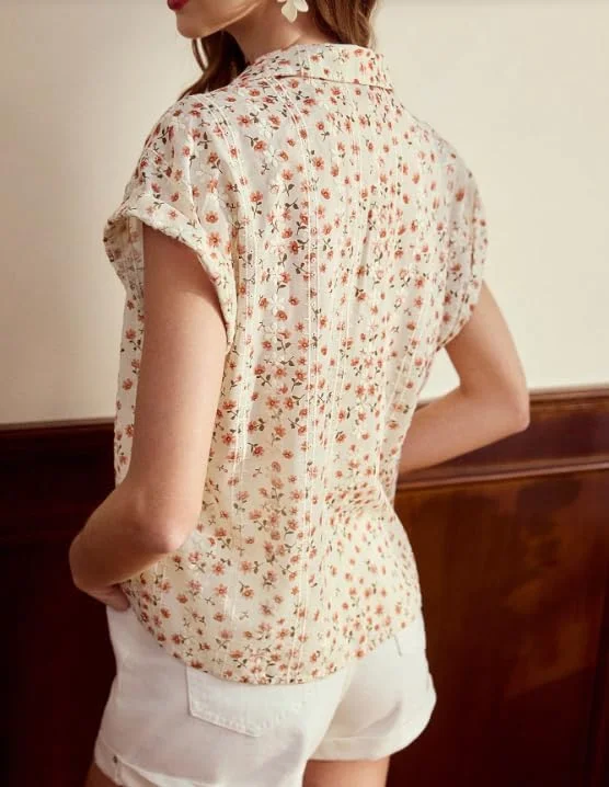بلوز زنانه طرح گلدار یقه هفت آستین کوتاه دکمه دار، پیراهن غیر رسمی سبک و گشاد مناسب کار، تعطیلات و استفاده روزمره