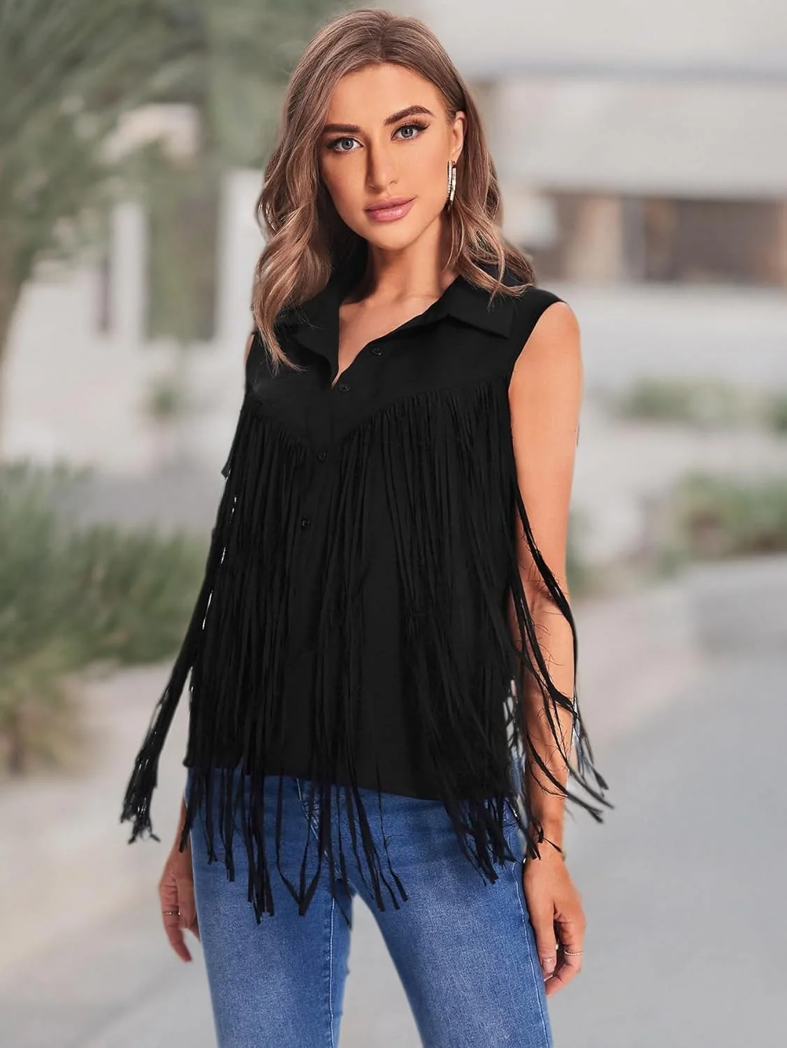 بلوز زنانه دکمه دار بدون آستین با حاشیه ریش ریش، مناسب کار و استفاده روزمره