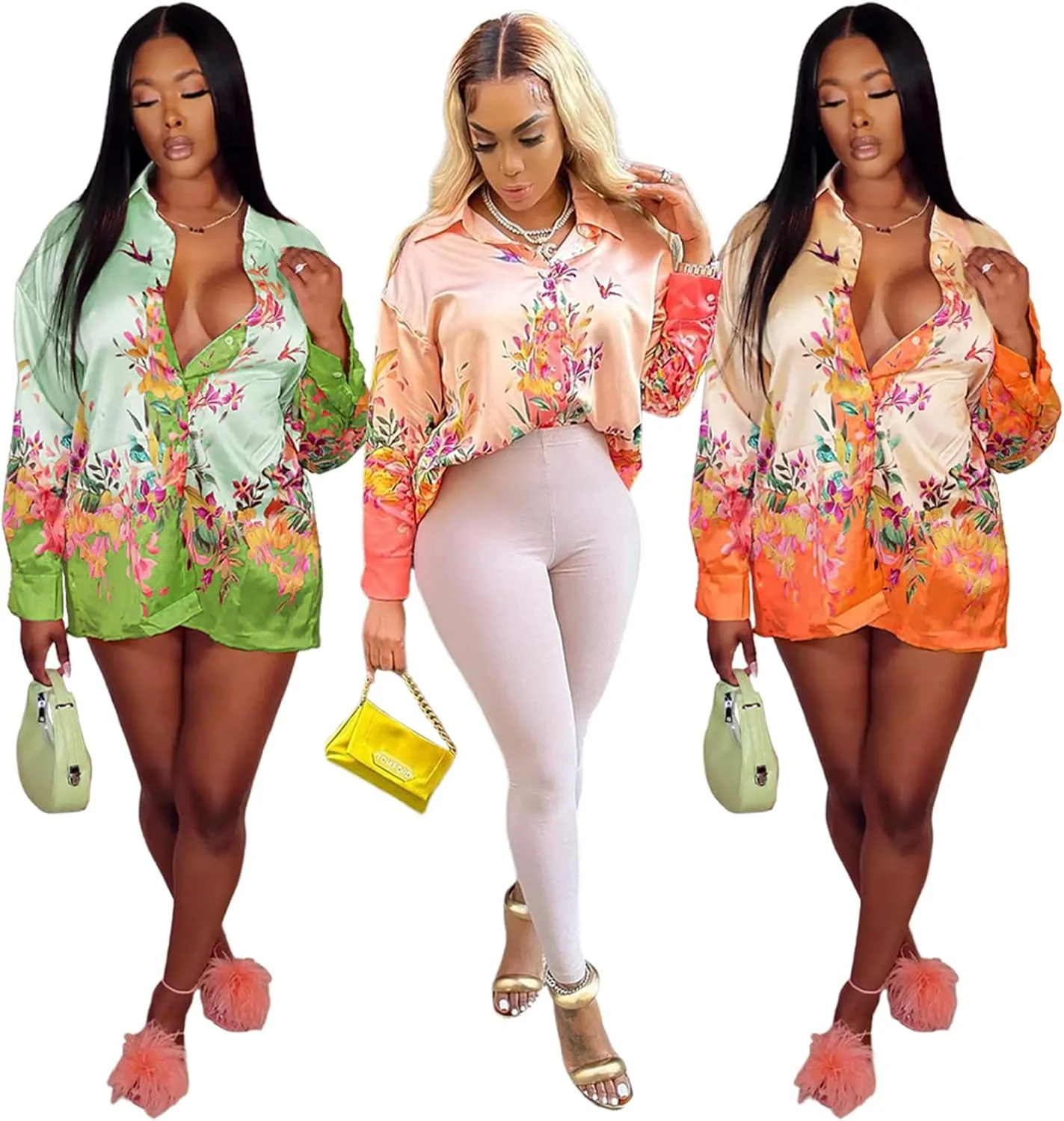 پیراهن زنانه دکمه دار طرح گل، لباس های غیر رسمی آستین بلند بزرگ، بلوز و تاپ دکمه دار، مینی پیراهن