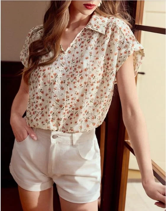 بلوز زنانه طرح گلدار یقه هفت آستین کوتاه دکمه دار، پیراهن غیر رسمی سبک و گشاد مناسب کار، تعطیلات و استفاده روزمره