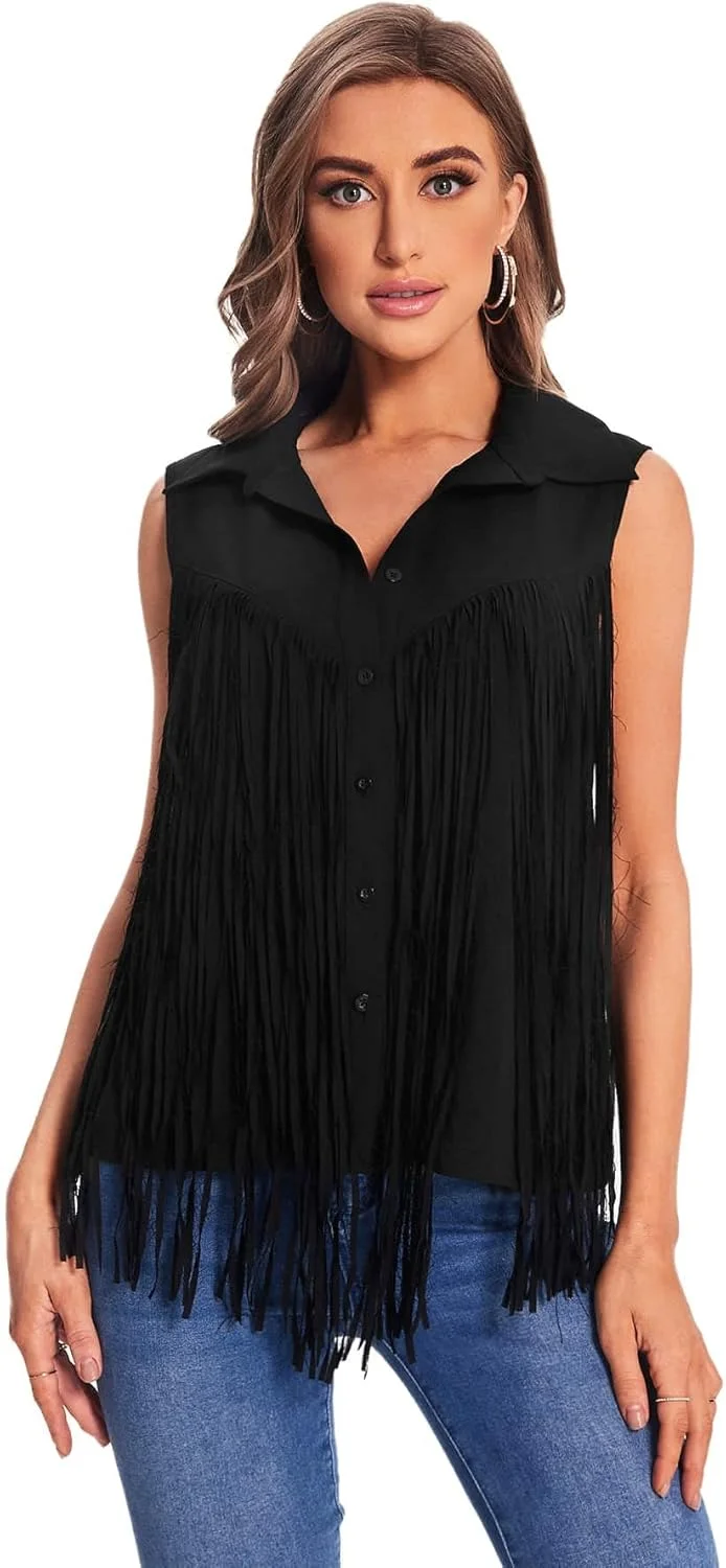 بلوز زنانه دکمه دار بدون آستین با حاشیه ریش ریش، مناسب کار و استفاده روزمره