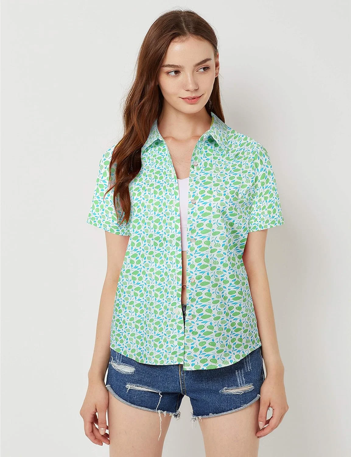 پیراهن زنانه هاوایی طرح دار آستین کوتاه دکمه دار مناسب بلوز و تاپ تابستانی