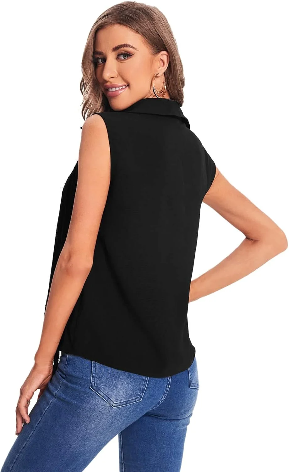 بلوز زنانه دکمه دار بدون آستین با حاشیه ریش ریش، مناسب کار و استفاده روزمره