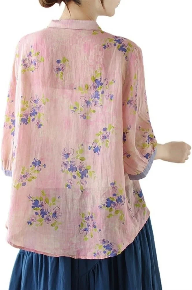 بلوز آستین بلند زنانه با طرح گلدار و دکمه دار، یقه برگردان، مناسب تابستان، فوق العاده نازک، جنس کتان و پنبه (صورتی، L)