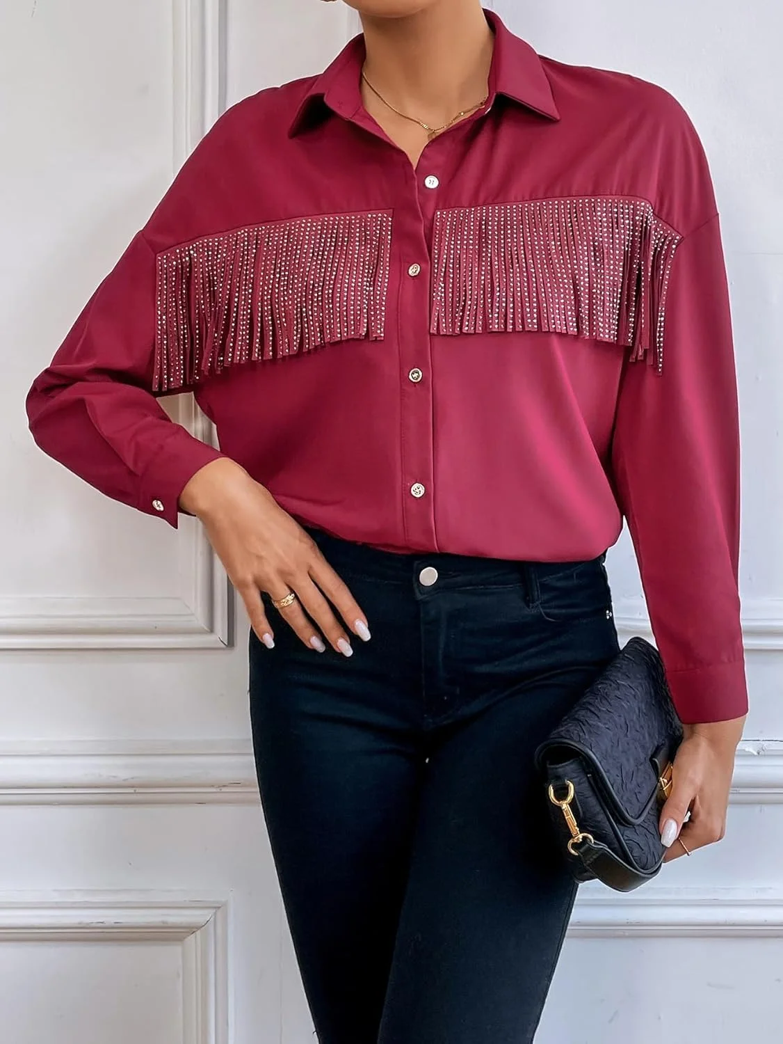 بلوز دکمه دار زنانه یقه دار آستین بلند با حاشیه
