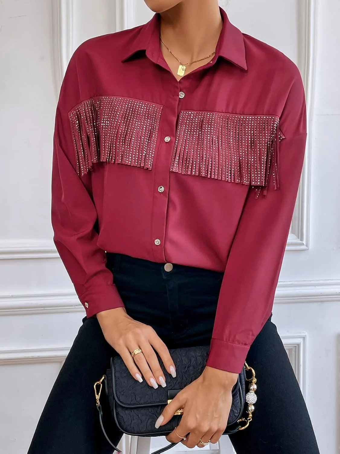 بلوز دکمه دار زنانه یقه دار آستین بلند با حاشیه