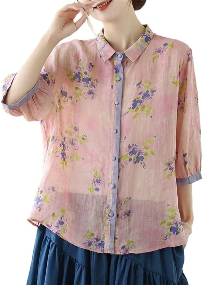 بلوز آستین بلند زنانه با طرح گلدار و دکمه دار، مدل یقه برگردان، مناسب تابستان، بسیار نازک، جنس کتان و پنبه (صورتی، XXL)