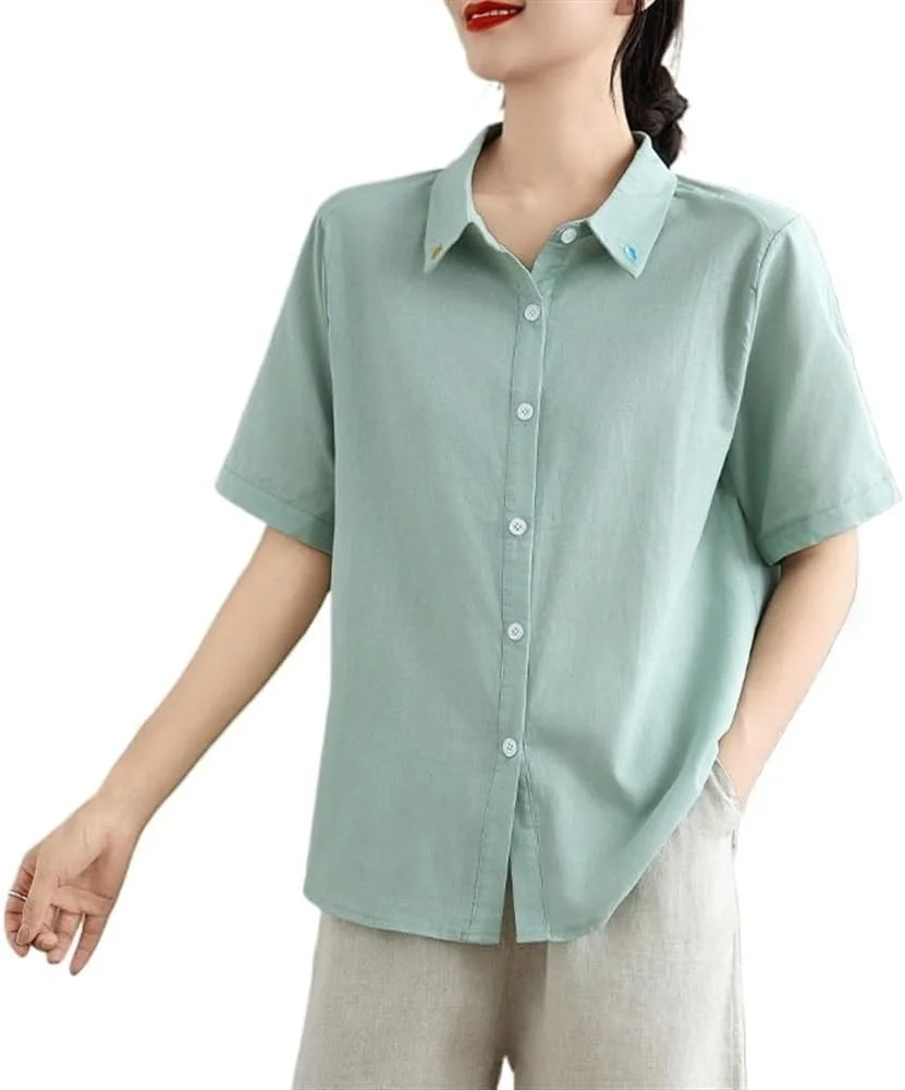 بلوز زنانه دکمه دار آستین کوتاه یقه برگردان، شومیز کتان نخی خنک و راحت مناسب تابستان (سبز، مدیوم)