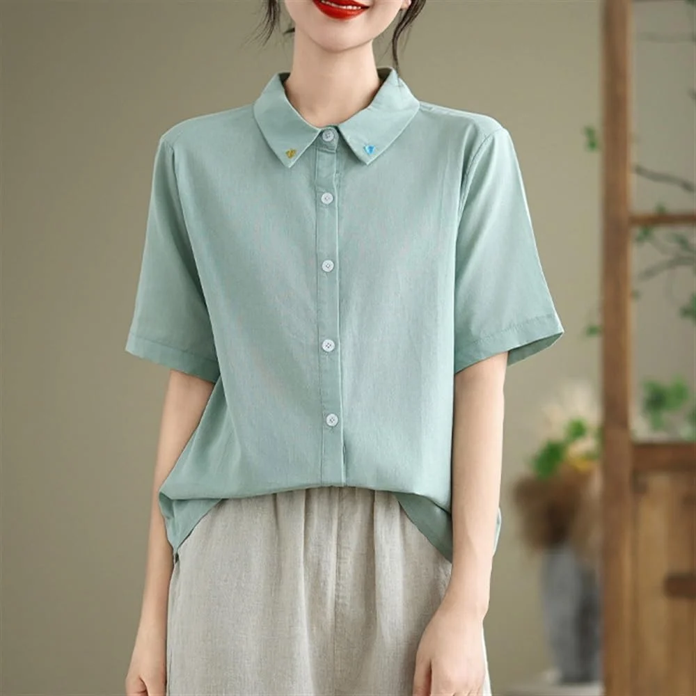 بلوز زنانه دکمه دار آستین کوتاه یقه برگردان، شومیز کتان نخی خنک و راحت مناسب تابستان (سبز، مدیوم)