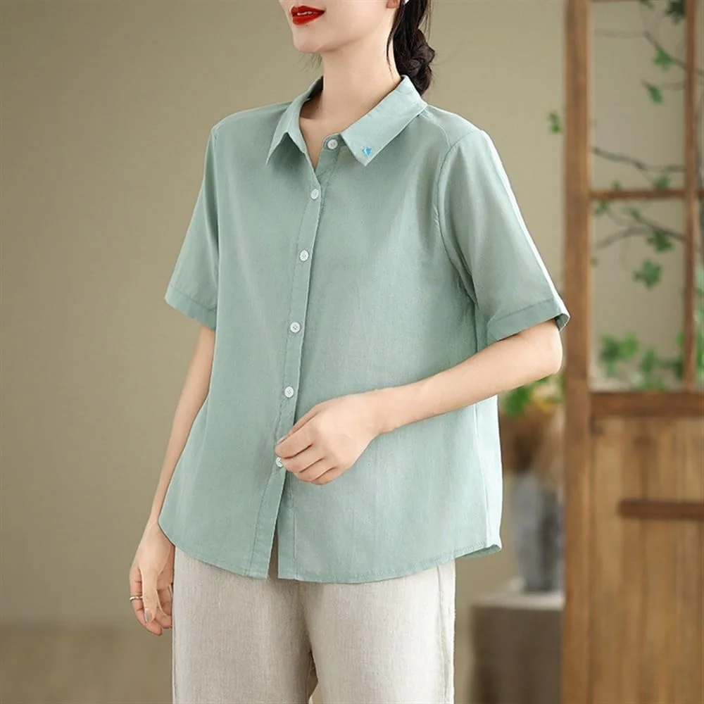 بلوز زنانه دکمه دار آستین کوتاه یقه برگردان، شومیز کتان نخی خنک و راحت مناسب تابستان (سبز، مدیوم)