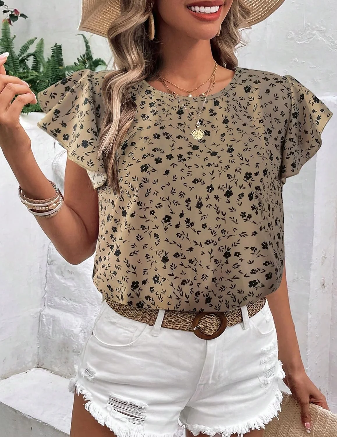 بلوز زنانه طرح گلدار دکمه دار، تاپ آستین کوتاه غیر رسمی برای تابستان و تعطیلات