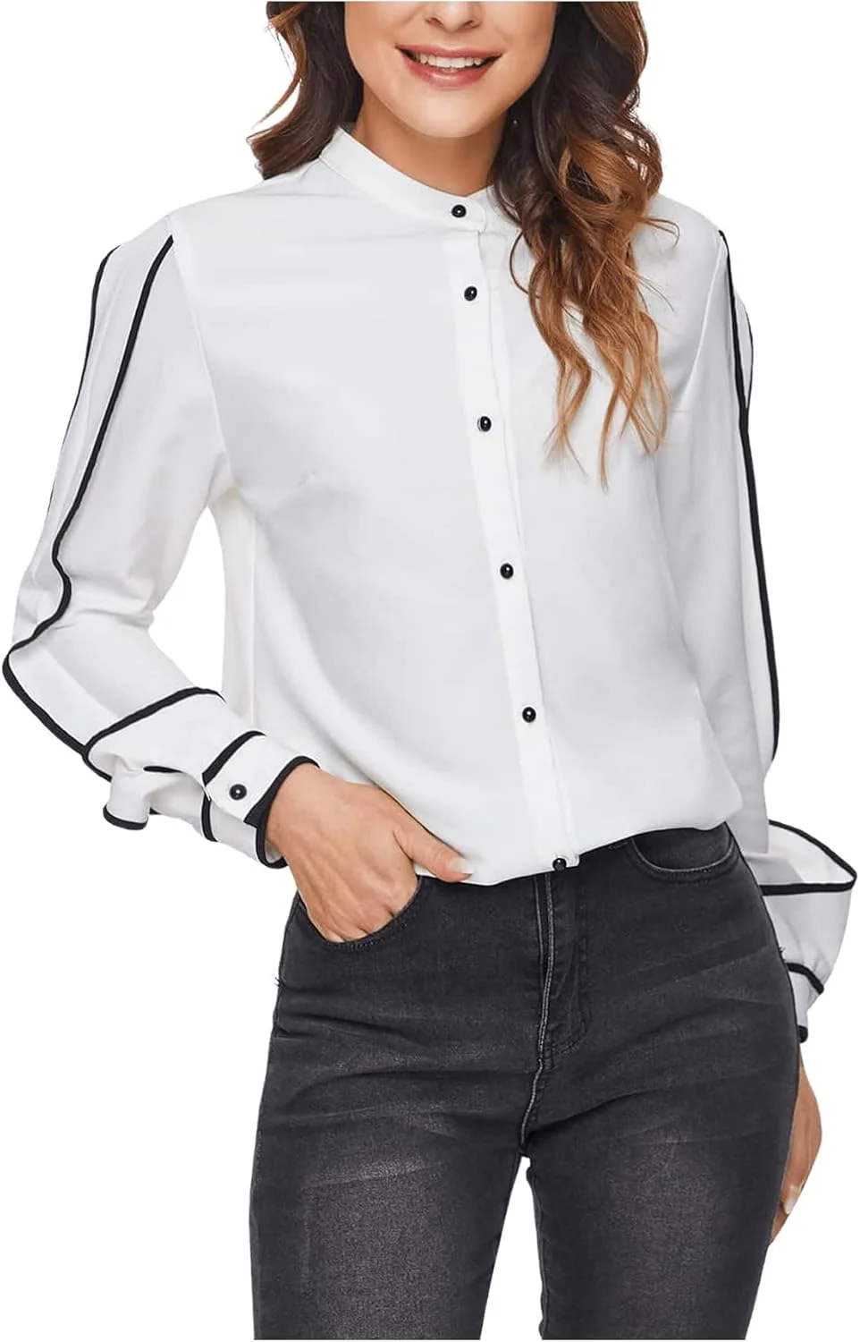 بلوز زنانه شیک مناسب کار، یقه ایستاده، آستین بلند و دکمه دار