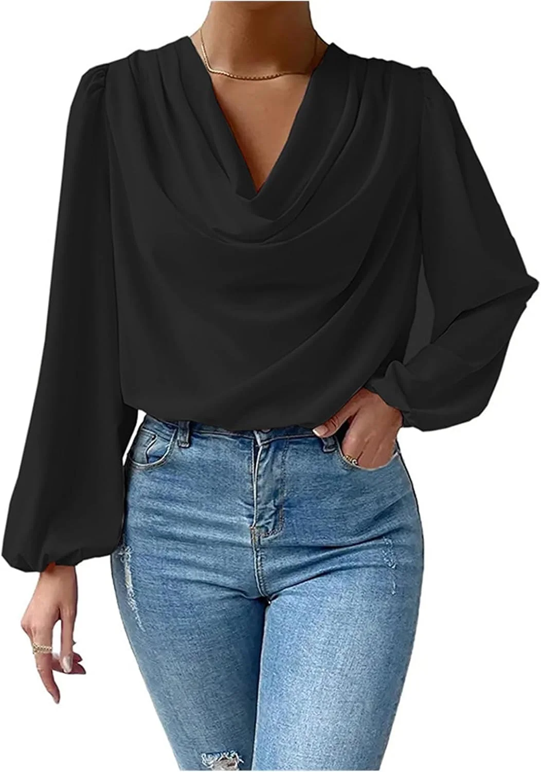 بلوز زنانه ساتن ابریشمی یقه هفت آستین بلند با سجاف چاک دار، مدل تونیک گشاد