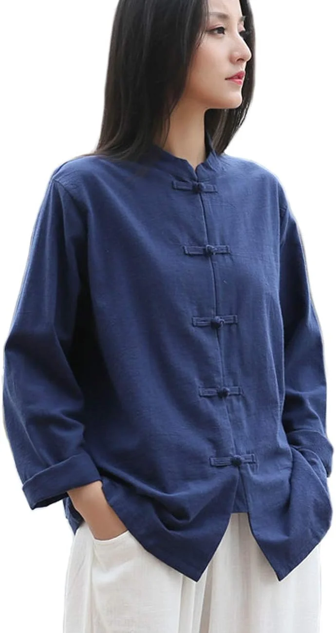 تی شرت آستین بلند زنانه، جنس لینن و پنبه، مدل آزاد، دکمه دار، مناسب استفاده روزمره