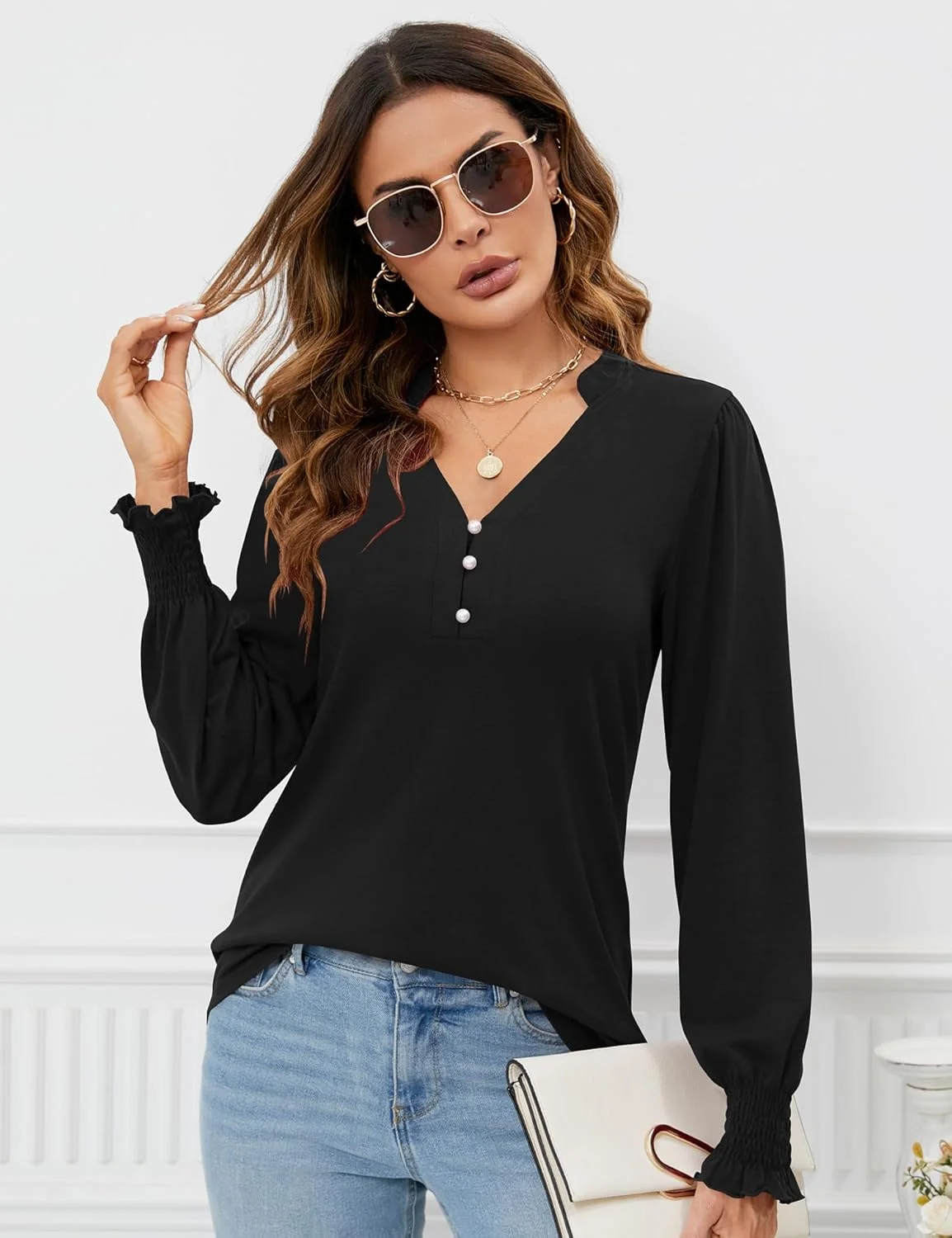 تی شرت زنانه یقه هفت آستین پفی دکمه دار مدل تونیک - سرآستین های چین دار و جزئیات پلیسه دار، مناسب استایل کژوال و نیمه رسمی، سال 2025