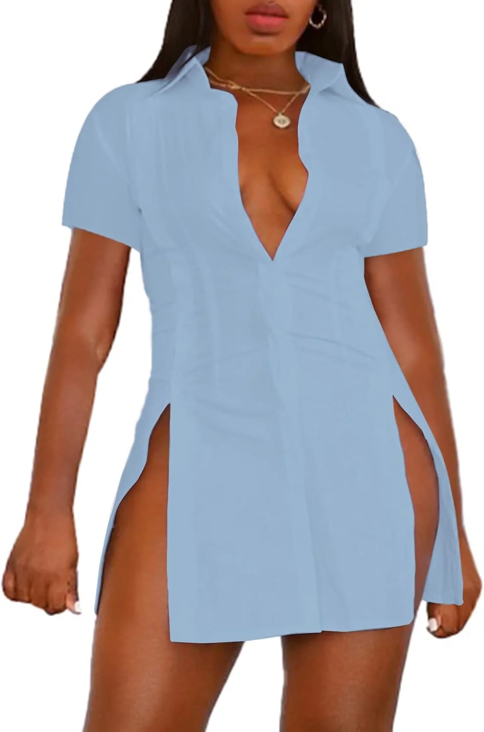 بلوز زنانه دکمه دار آستین کوتاه یقه دار با طراحی بلند و چاک دار مناسب کار