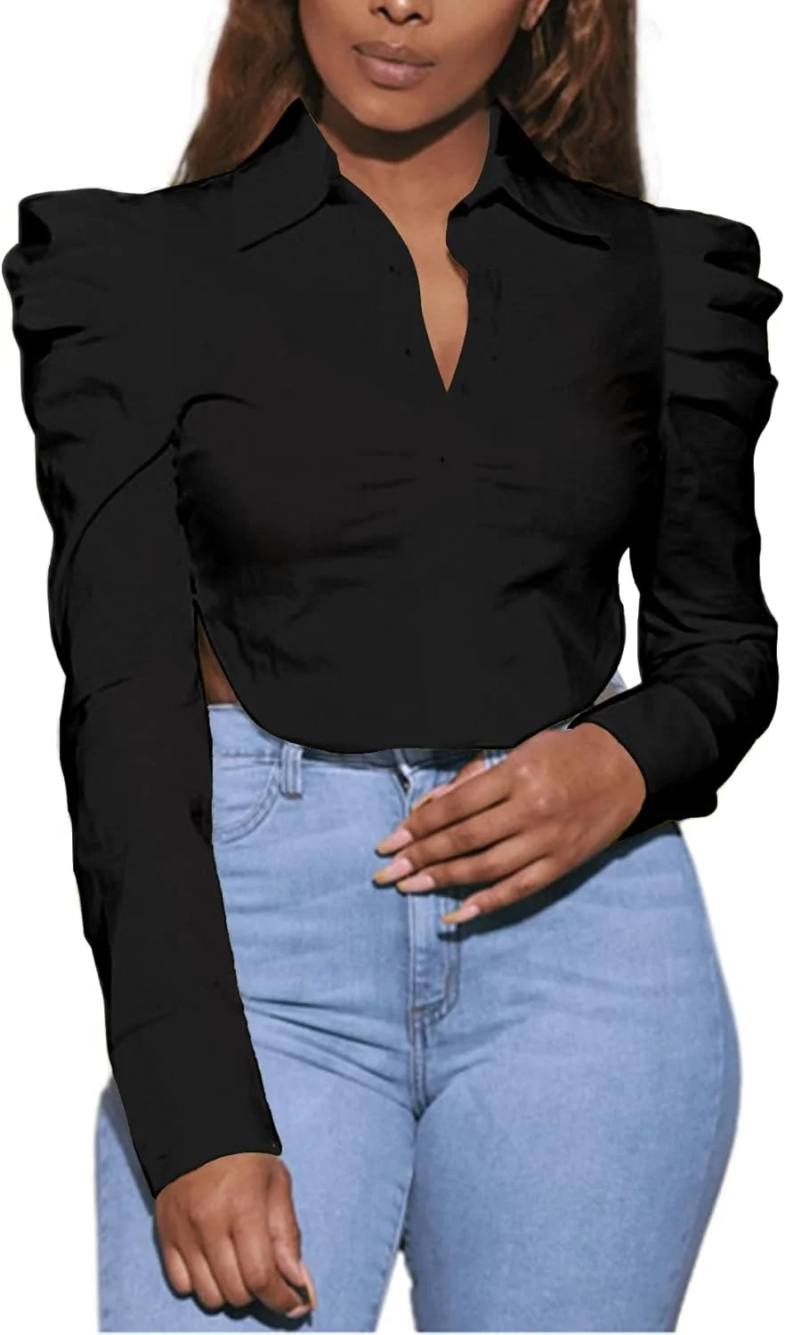 بلوز زنانه یقه هفت دکمه دار آستین پفی بلند با لبه چاک دار