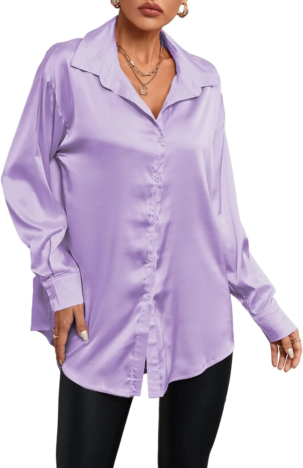 بلوز زنانه ساتن ابریشمی یقه V دکمه دار آستین بلند